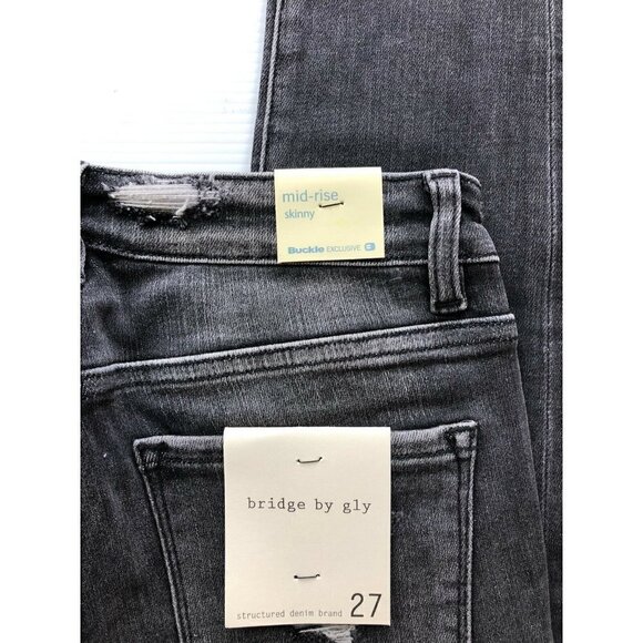 BRIDGE BY GLY Women's Black Destruct Denim Mid-Rise Skinny Stretch Jeans - Picture 12 of 12